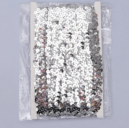 Пайетки Тесьма декоративная с пайетками, на резинке, 2 см, 9 ± 1 м, цвет серебряный