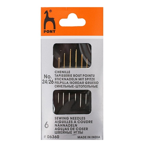 Иглы 06360 Иглы ручные для синели, глади с золотым ушком Chenille, № 24-26, 6шт
