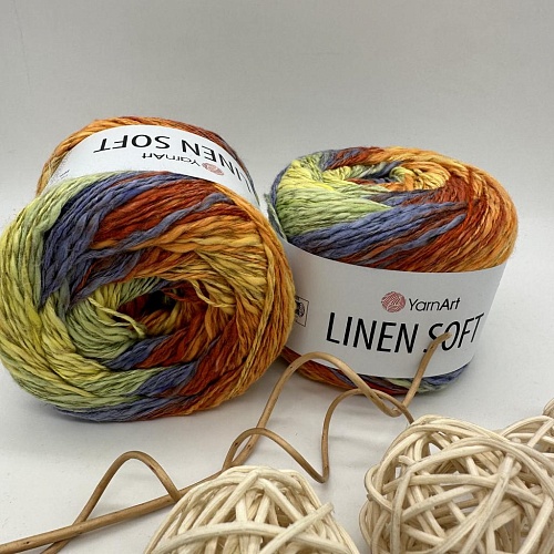 Пряжа Linen Soft лен, вискоза, хлопок 7412 жёлт-сирень-салат-охра