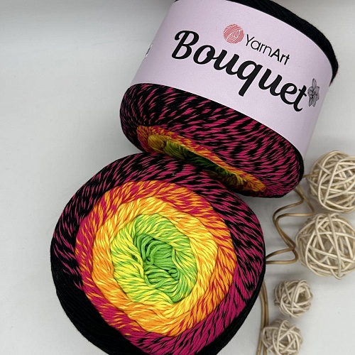 Пряжа Yarn art Bouquet 723 зелён-жёлто-оранж-фукс-чёрная