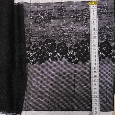 Кружево Сетка черная с цветами, ширина 28 см (Цена указана за 10см)